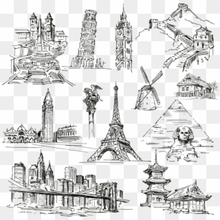 Landmark Drawing Hand Painted World Handpainted Landmarks - World Famous Buildings Drawings, HD Png Download