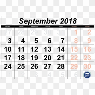 Printable September 2018 Calendar - Sept 2018 Transparent Calendar Png, Png Download