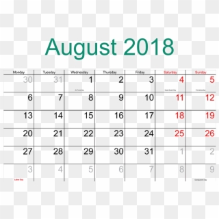 Calendar Png Transparent Image - Holidays In August 2018 Usa, Png Download