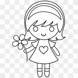 Daisy Girl Colorable Line Art - Little Girl Drawing, HD Png Download