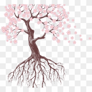 Drawn Roots Sakura Tree - Tree Drawing With Flowers, HD Png Download