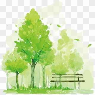 Ftestickers Watercolor Trees Park Bench, HD Png Download