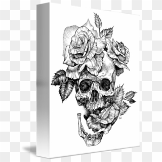 Ink Skull And Roses By Sarah Wilson Www - Skull With Flowers Drawing, HD Png Download