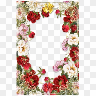 Flowers Picture Frame With Golden Floral Border Images - Happy New Year Photo Frame 2019, HD Png Download