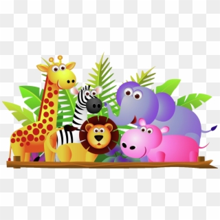 Giraffe Lion Zebra And Elephant Jungle Cartoon - Group Of Animals Cartoon, HD Png Download