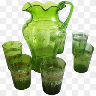 Genuine Antique Green Glass Water Jug Set, With Six - Glass Jug Set Png, Transparent Png