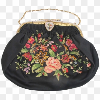 Vintage Black Satin Finely Beaded Embroidery & Enamel - Hobo Bag, HD Png Download