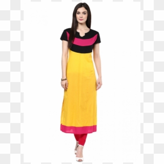 Shop Designer Yellow With Pink Black Cotton Kurti - Skirt, HD Png Download