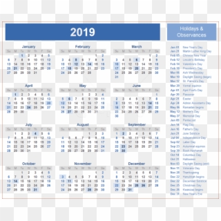 Free Png Download 2019 Indian Calendar Png Wallpaper - Calendar 2019 With National Holidays, Transparent Png