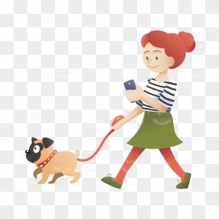 A Redhead Girl Walking With Her Pug And Checking Her - Cartoon, HD Png Download
