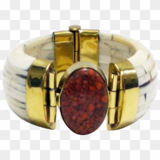 Ivory Water Buffalo Bone Cuff Wide W/coral & Gold - Pre-engagement Ring, HD Png Download