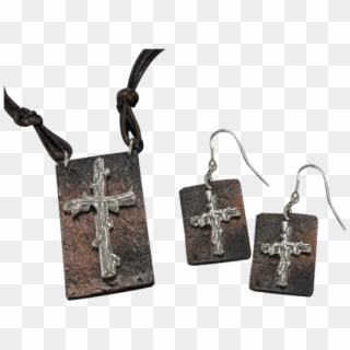 Silver And Antique Copper Wooden Cross Necklace And - Earrings, HD Png Download