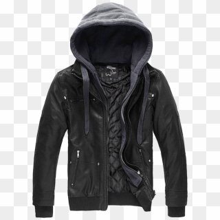 Men's Faux Leather Jacket With Removable Hood, HD Png Download
