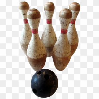 Five Vintage Wooden Bowling Pins & Black Wooden Bowling, HD Png Download