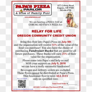 Flyer For Occu Relay For Life Night At Papa's Pizza - Papa's Pizza Parlor, HD Png Download