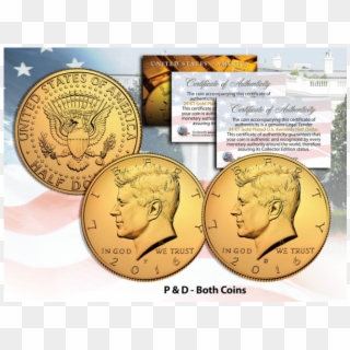 24k Gold Plated 2016 Jfk Kennedy Half Dollar Us 2-coin - Kennedy Half Dollar, HD Png Download