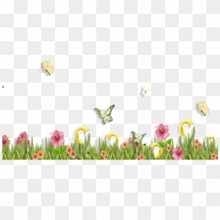 Grass With Butterflies And Flowers Png Clipart Spring - Flowers And Butterflies Clipart Transparent, Png Download