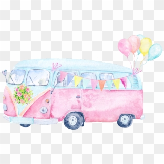 #wedding #bus #vv #pink #balloons #watercolors #watercolor - Watercolor Camper Van Png, Transparent Png