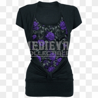 Black Cat And Purple Rose Knotted Top - Blouse, HD Png Download