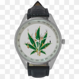 Flaming Marijuana Leaf Men's Leather Strap Analog Watch - Watch, HD Png Download