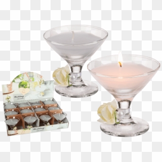 White Candle In Champagne Glass With Rose & Pearl Deco - Martini Glass, HD Png Download