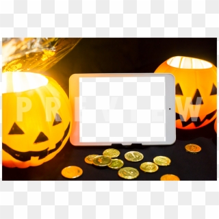 Android Tablet On Top Of Black Cloth Surrounded By - Jack-o'-lantern, HD Png Download