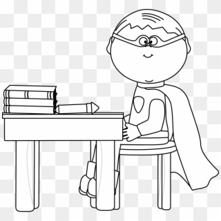 Black And White Boy Superhero At School Desk - Superhero Kids Black And White Clipart, HD Png Download