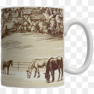 Horses At Pasture Vintage Drawing Coffee Mug - Mug, HD Png Download