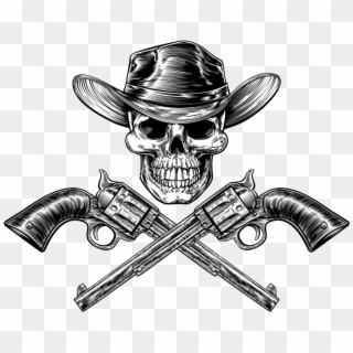 Skull Cowboy In Hat And A Pair Of Crossed Gun Revolver - Crossed Pistols, HD Png Download