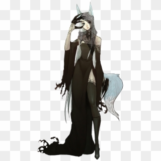 Appears As A Woman Dressed In Black, With Silver Fox - Black Haired Kitsune, HD Png Download