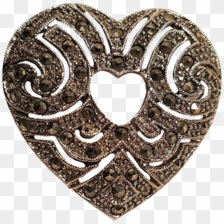 Vintage Silver Tone Marcasite Double Heart Pin - Heart, HD Png Download