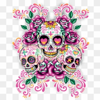 3 Sugar Skulls With Floral Background - Pink Sugar Skull Png, Transparent Png