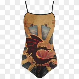 Funny Cartoon Dragon With Floral Elements Strap Swimsuit - Monokini, HD Png Download