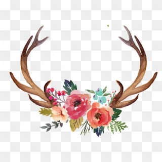 Antler Flower Moose Clip Art Hand Painted - Antlers With Flowers Clipart, HD Png Download