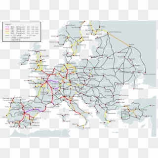 High-speed Rail Map Of Europe And Its Designated Speeds - Train Rails Europe Map, HD Png Download