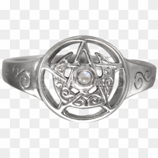 Silver Crescent Moon Pentacle Ring With Rainbow Moonstone - Ring, HD Png Download