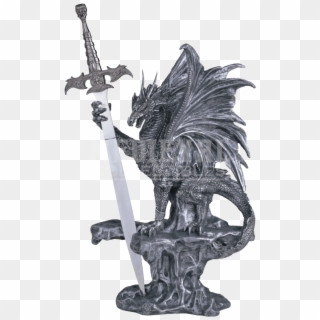 Silver Dragon On Cliff With Sword Statue - Figurine, HD Png Download