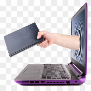 Hand Holding A Book Reaching Out Through A Computer - Hand, HD Png Download