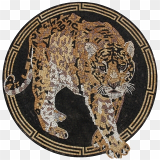Wild Leopard Medallion With Greek Border Mosaic - Tiger, HD Png Download