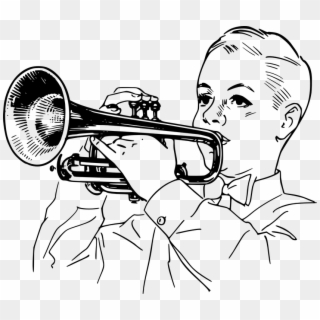 Corneta, Instrumento, Niño, Música, Golpe, Jugando - Playing Trumpet Clipart Black And White, HD Png Download