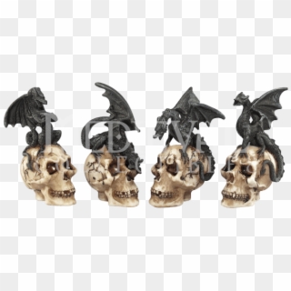 Black Dragons On Skulls Mini Statue Set - Figurine, HD Png Download