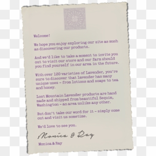 Welcome Letter For Lost Mountain Lavender - Book, HD Png Download
