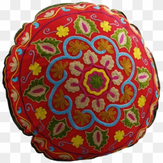 Red Swirl Hand Embroidered Round Decorative Floor Pillow - Cushion, HD Png Download
