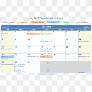 July Calendar 2018 Printable Template - Holidays In July 2019, HD Png Download