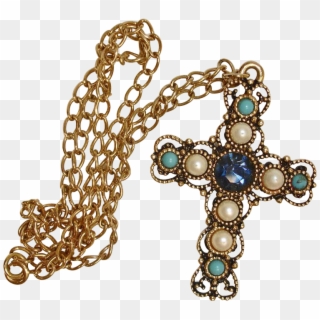 Vintage Emmons Jeweled Cross Pendant And Chain Necklace - Chain, HD Png Download