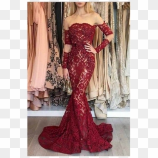 Long Sleeve Mermaid Prom Dresses Lace Chic Short Train - Gown, HD Png Download