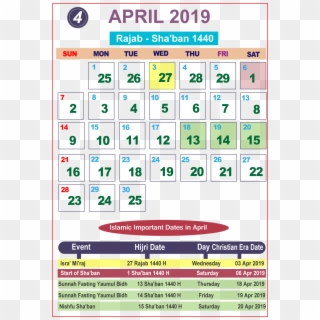 Islamic Calendar 2019 Special Days With Islamic Calendar - Islamic Calendar 2019 April, HD Png Download