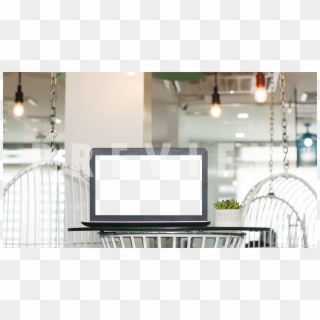 Black Laptop Mockup On A Glass Table In A Casual Home - Interior Design, HD Png Download