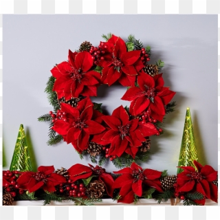 22 Glitter Velvet Poinsettia And Pinecone Wreath - Poinsettia, HD Png Download