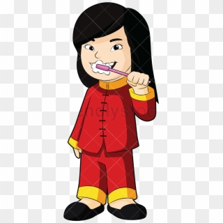 Brush Teeth Asian Girl Brushing Her Vector Cartoon - Asian Brush Teeth Clipart, HD Png Download